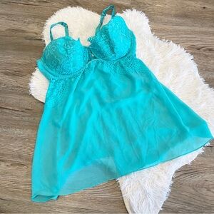 Cacique Babydoll Lingerie Lace Sheer Chiffon 42DDD Chemise Honeymoon Turquoise